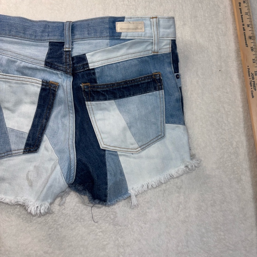 Abercrombie & Fitch Multi-Blue patchwork high rise Jean boho chic Shorts Size 0 - Picture 12 of 12